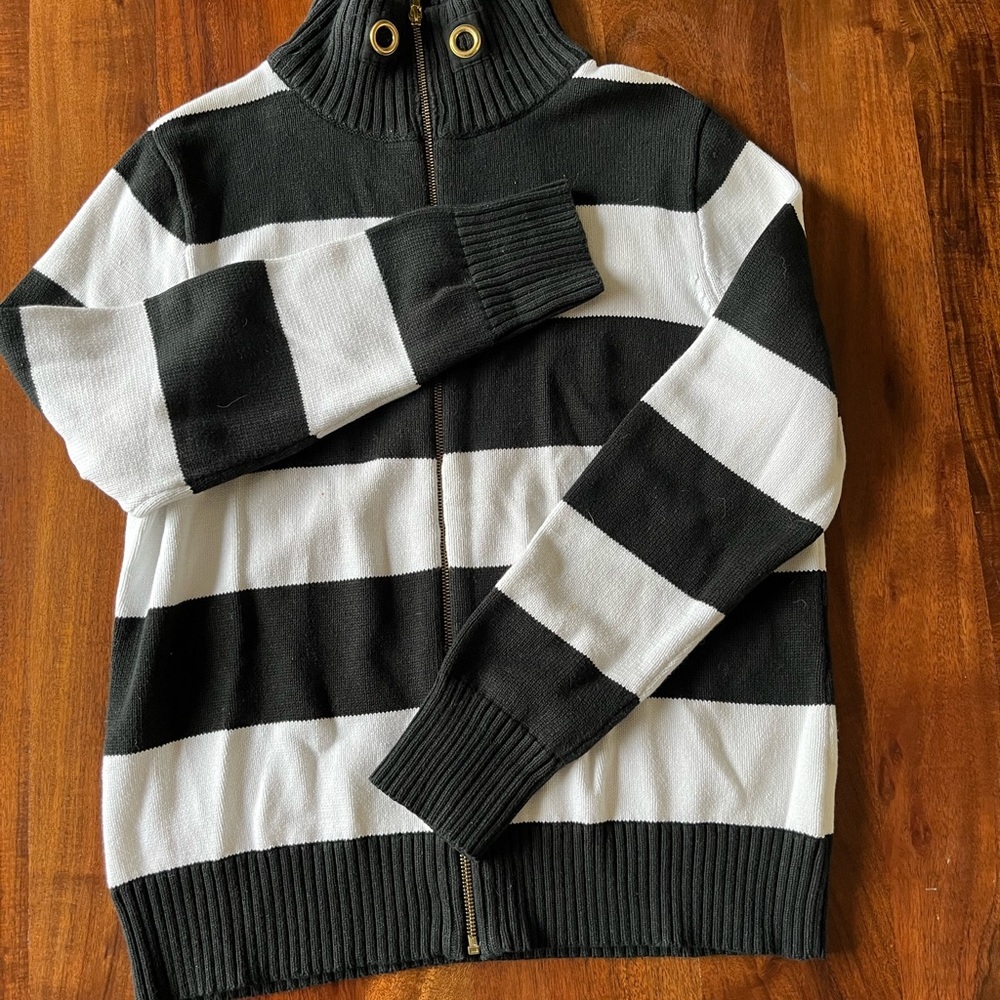 Chaps Black & White Color-block Knit Zip Front Sweater Cardigan